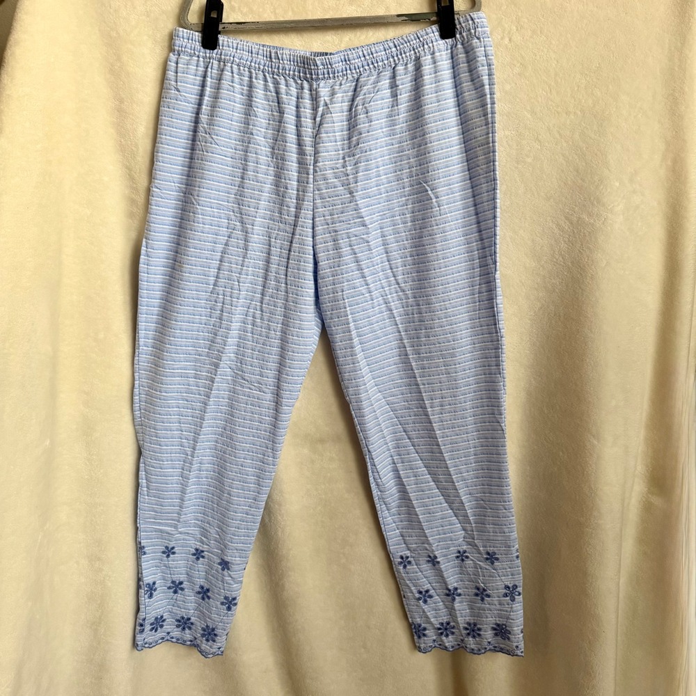 Splash Nightwear Womens Light Blue Stripe Floral Embroidered Pajama Pants 18